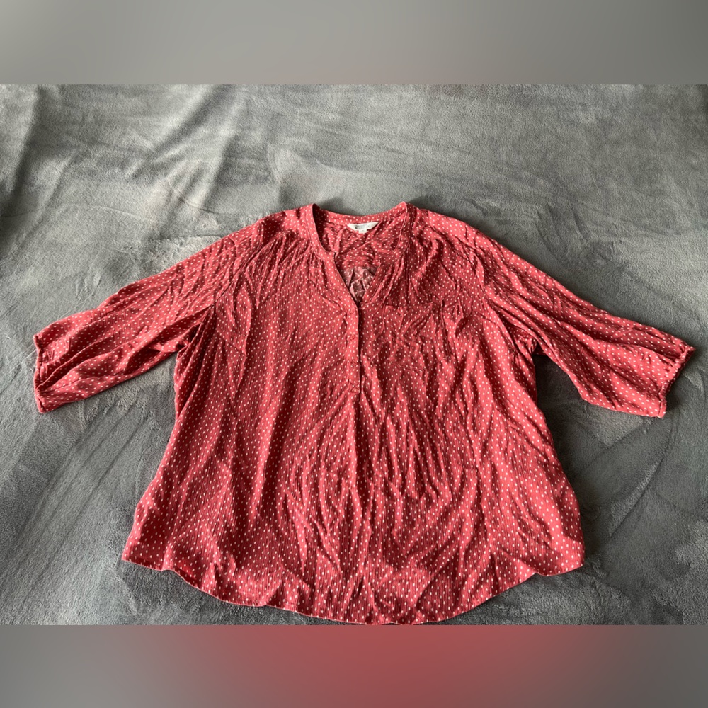 Pink/salmon and white polka dot blouse - cuffed 3/4 sleeves